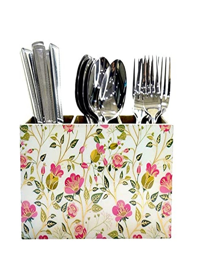 Tranquil Square | Handcrafted | Premium Finish | Pistacio Glossy Floral Marble Finish Three Rack Wooden Cutlery Stand - Image 4